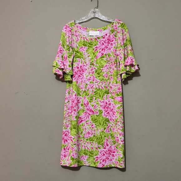 Cappagallo Pink Lime Green Erika Floral Print Ruffle Sleeve Dress Size S - Picture 1 of 4
